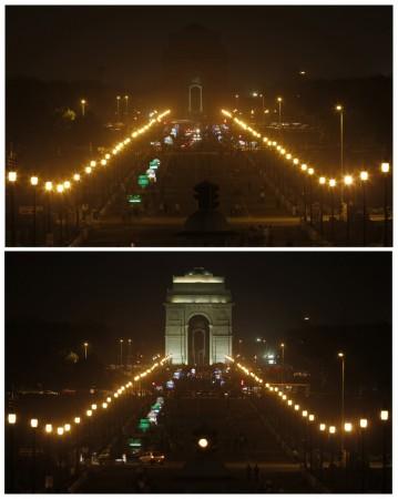 A combination picture shows the India Gate before (bottom) and during Earth Hour in New Delhi March 29, 2014. A combination picture shows the India Gate before (bottom) and during Earth Hour in New Delhi March 29, 2014.