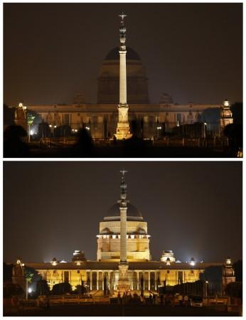 A combination picture shows India's presidential palace Rashtrapati Bhavan before (bottom) and during Earth Hour in New Delhi March 29, 2014.