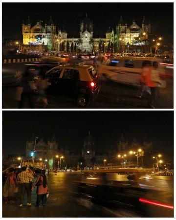 A combination picture shows the Chhatrapati Shivaji terminus railway station, also known as Victoria terminus, before (top) and during Earth Hour in Mumbai March 29, 2014. A combination picture shows the Chhatrapati Shivaji terminus railway station, also known as Victoria terminus, before (top) and during Earth Hour in Mumbai March 29, 2014.