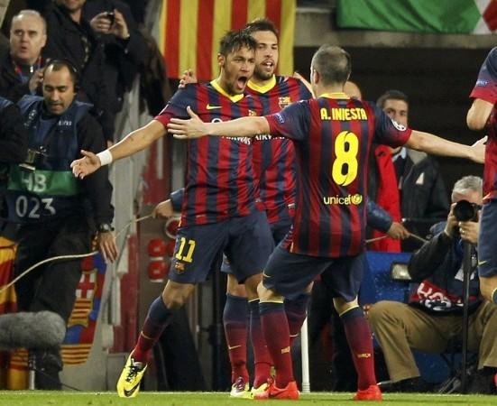 Neymar celebrates with Andres Iniesta after scoring against Atletico Madrid, 1 April. Reuters Neymar Andres Iniesta Jordi Alba Barcelona