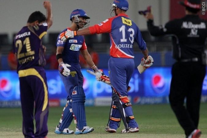 Delhi Daredevils batsman JP Duminy celebrates with teammate Nathan Coulter-Nile after smashing a six to top KKR, 19 April. Ron Gaunt/IPL/SPORTZPICS JP Duminy Coulter-Nile Delhi Daredevils