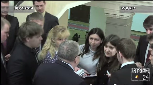 Vladimir Zhironovsky, a senior Russian politician, has been filmed ordering two of his male aides to "violently rape" a pregnant journalist, during a press conference in the state Duma. (Photo: YouTube screen grab)