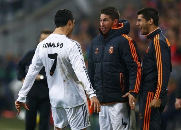 Real Madrid forward Cristiano Ronaldo celebrates with teammate Sergio Ramos after scoring against Bayern Munich, 29 April. Reuters Cristiano Ronaldo Sergio Ramos Real Madrid