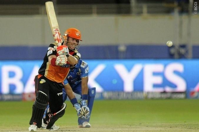 Sunrisers Hyderabad batsman David Warner in full flow against the Mumbai Indians in their IPL 2014 game, 30 April. Pal Pillai/IPL/SPORTZPICS David Warner Sunrisers Hyderabad
