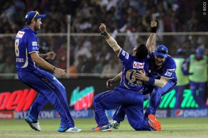 Pravin Tambe celebrates with Shane Watson and Tim Southee after completing his hat-trick against KKR, 5 May. Vipin Pawar/IPL/SPORTZPICS Tambe Watson Southee Rajasthan Royals
