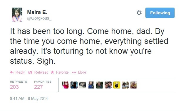 MH370: Chief Steward's daughter continues to believe that father is alive. 'Its has been too long, come home dad,' she tweets. (Photo: Twitter Screen Shot)