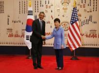 U.S. President Obama shakes hands with South Korean President Park in the Blue House in Seoul