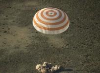 The Soyuz TMA-11M spacecraft is seen as it lands with Expedition 39 Commander Koichi Wakata of the Japan Aerospace Exploration Agency (JAXA), Soyuz Commander Mikhail Tyurin of Roscosmos, and Flight Engineer Rick Mastracchio of NASA near the town of Zhezka