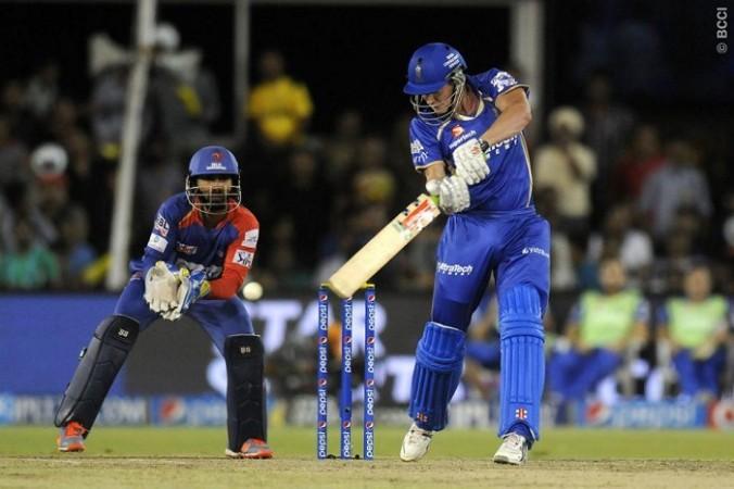 Rajasthan Royals all-rounder James Faulkner plays a shot through the offside against the Delhi Daredevils James Faulkner Rajasthan Royals