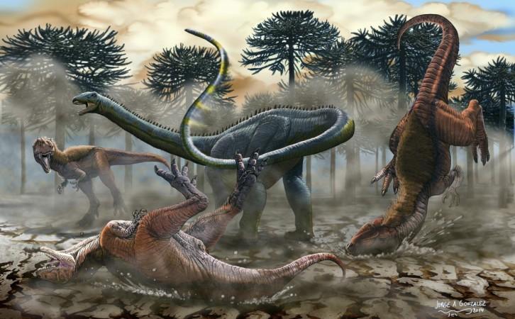 Fossilized bones of the biggest dinosaur, weighing 77 tones, has been discovered.(Illustration)
