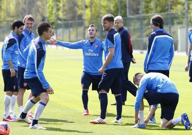Arsenal players during a training session ahead of the FA Cup final against Hull City, 14 May Arsenal Wilshere Ramsey