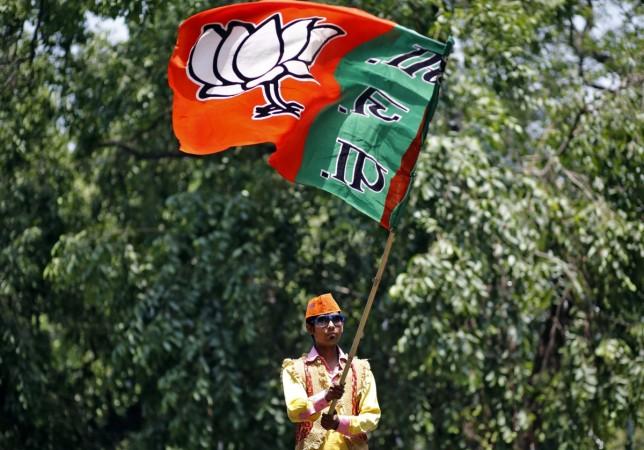 A supporter of BJP waves the party flag during celebrations after learning of initial poll results outside the party headquarters in New Delhi
