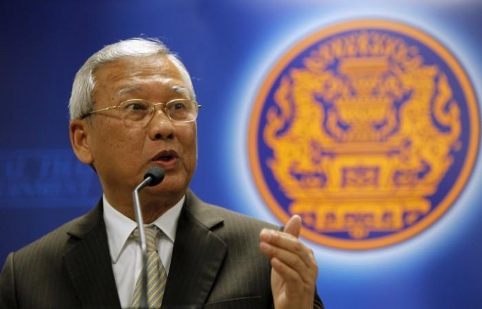 Thailand's interim Prime Minister Niwatthamrong speaks during a news conference at the Permanent Secretary of Defence in Bangkok