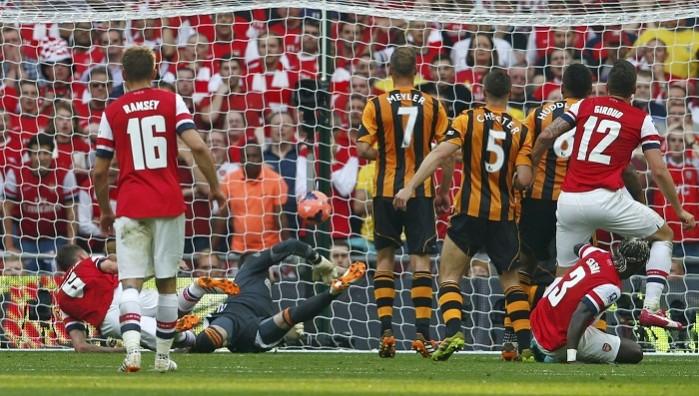 Arsenal's Laurent Koscielny scores an equaliser against Hull City in the FA Cup final. Laurent Koscielny