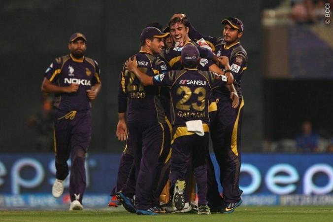 Pat Cummins is congratulated by his KKR teammates after castling CSK opener Dwayne Smith in their IPL 2014 match, 20 May Pat Cummins KKR