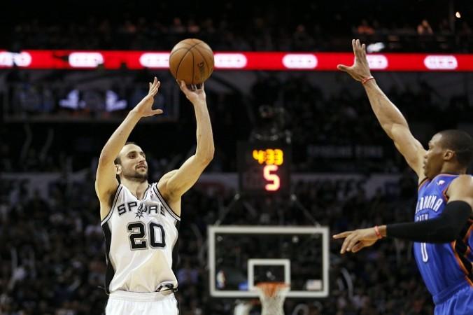 San Antonio Spurs' Manu Ginobili shoots the ball over Oklahoma City Thunder's Russell Westbrook. Manu Ginobili