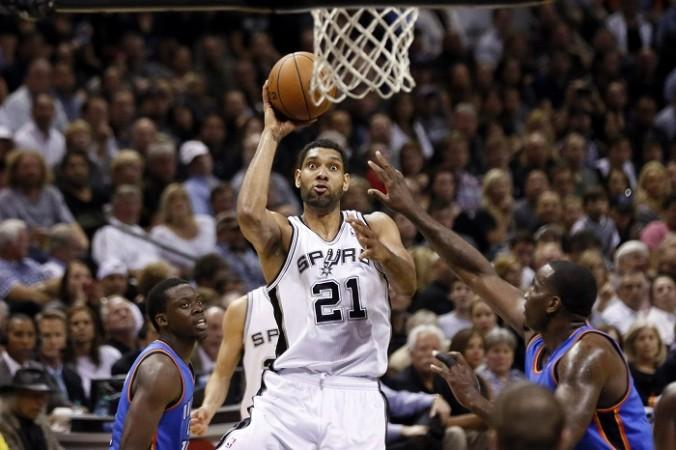 San Antonio Spurs' Tim Duncan shoots the ball against the Oklahoma City Thunder. Tim Duncan