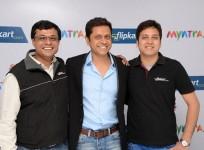 (L-R) Sachin Bansal, Co founder & CEO, Flipkart, Mukesh Bansal, Co founder & CEO, Myntra, Binny Bansal, Co founder & COO,Flipkart at the press conference to announce the deal.