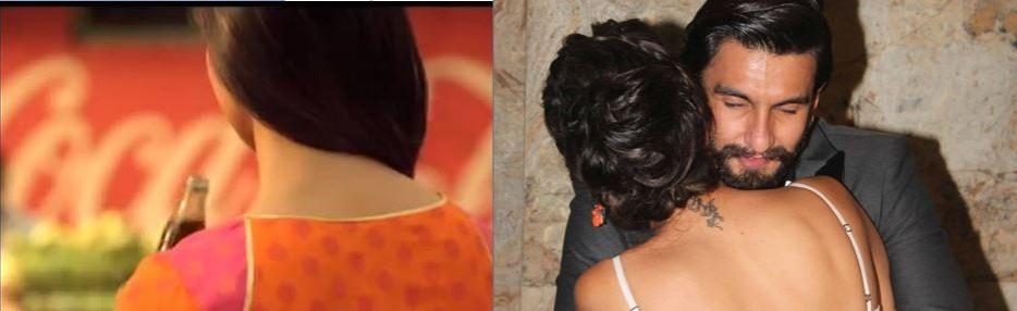 (L) Deepika Padukone posing in her latest commercial (R) Deepika hugging Ranveer Singh during the promotion of Deepika Padukone