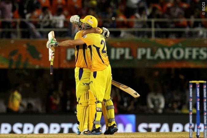 CSK batsmen Suresh Raina and David Hussey celebrate their win over the Mumbai Indians in the Eliminator Suresh Raina David Hussey CSK