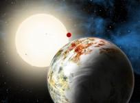 An artist concept shows the Kepler-10 system, home to two rocky planets. In the foreground is Kepler-10c, a planet that weighs 17 times as much as Earth and is more than twice as large in size. This discovery has planet formation theorists challenged to e