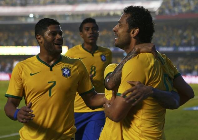 Brazil's Fred celebrates after scoring a goal against Serbia during an international friendly soccer match in Sao Paulo Hulk and Fred
