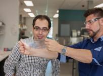 Dr Sina Naficy and Dr Robert Gorkin with the hydrogel material that has won funding from the Bill & Melinda Gates Foundation to develop the next generation condom. (University of Wollongong in Australia)