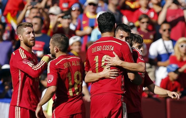 Spain's Villa is congratulated by teammate Costa after he scored his side's second goal against El Salvador Spain's Villa is congratulated by teammate Costa after he scored his side's second goal against El Salvador