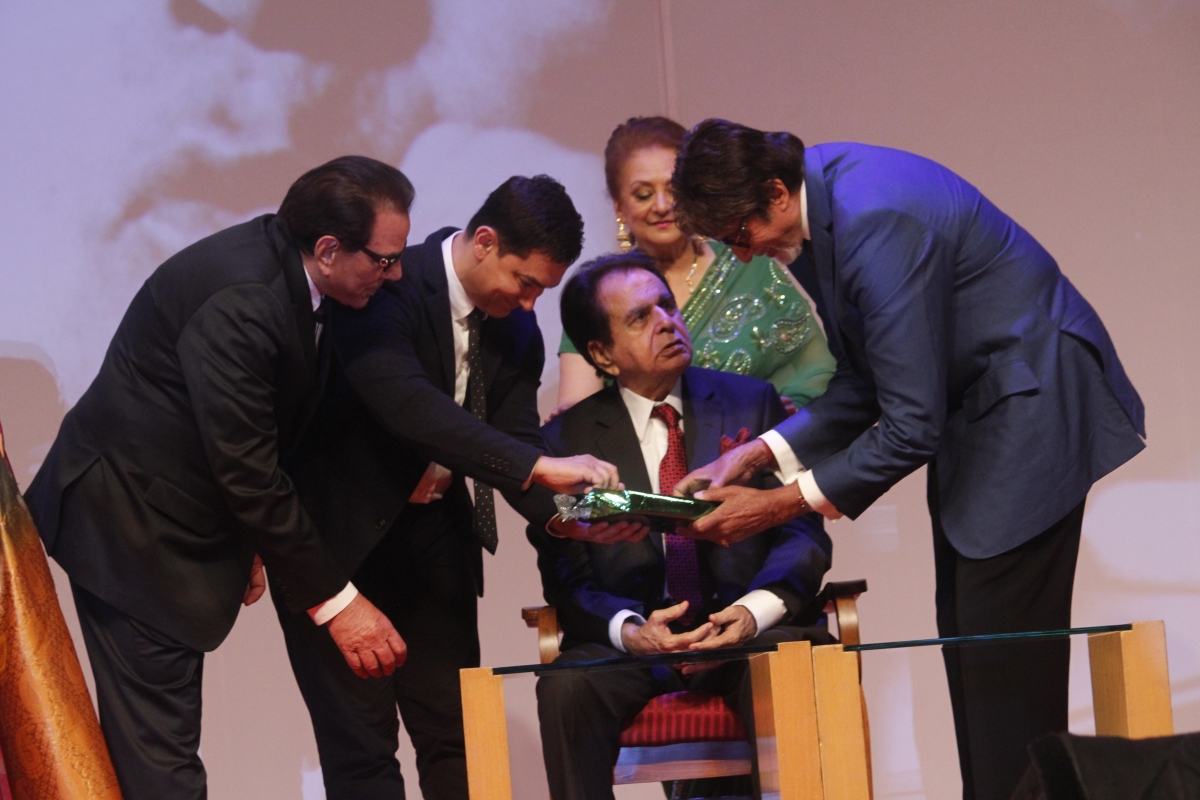 Veteran actor Dharmendra, Aamir Khan and Amitabh Bachchan present at the stage to launch Dilip Kumar's autobiography  Dilip Kumar's autobiography
