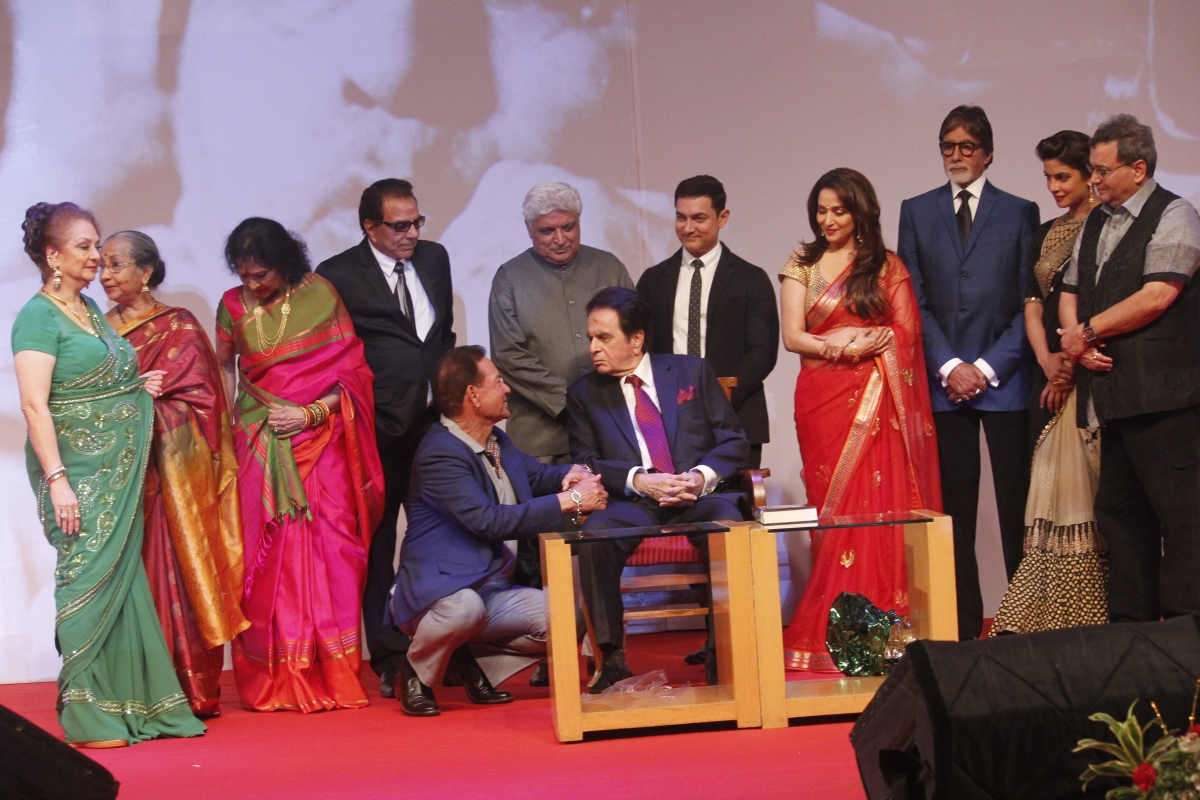 (L to R) Actress Saira Banu, Vyjayanthimala, Dharmendra, Javed Akhtar, Aamir Khan, Madhuri Dixit Nene, Amitabh Bachchan, Priyanka Chopra, Subhash Ghai and Salim Khan with Dilip Kumar Dilip Kumar's autobiography