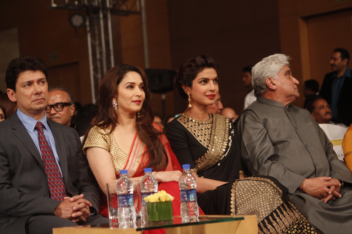 (L to R) Dr Sriram Nene with wife Madhuri Dixit, Priyanka Chopra and Javed Akhtar Dilip Kumar's autobiography