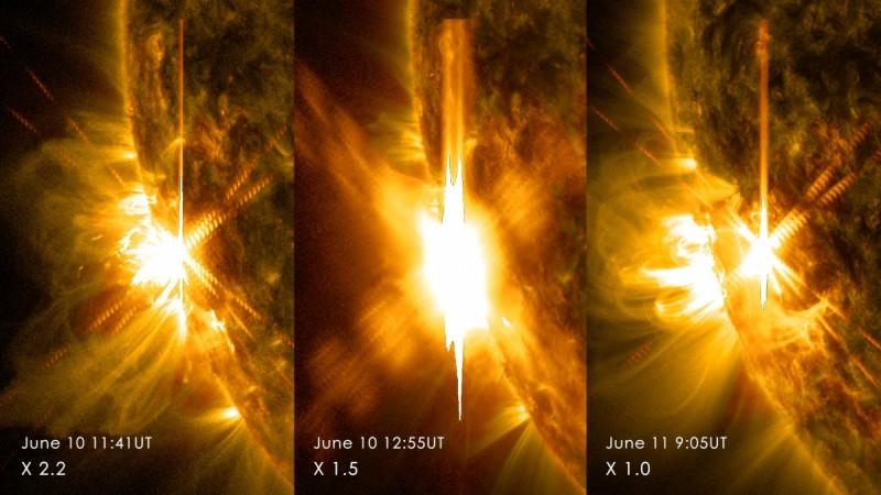 Three X-class flares erupted from the left side of the sun June 10-11, 2014. These images are from NASA's Solar Dynamics Observatory and show light in a blend of two ultraviolet wavelengths: 171 and 131 angstroms. The former is colorized in yellow; the la