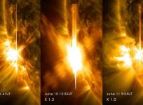 Three X-class flares erupted from the left side of the sun June 10-11, 2014. These images are from NASA's Solar Dynamics Observatory and show light in a blend of two ultraviolet wavelengths: 171 and 131 angstroms. The former is colorized in yellow; the la