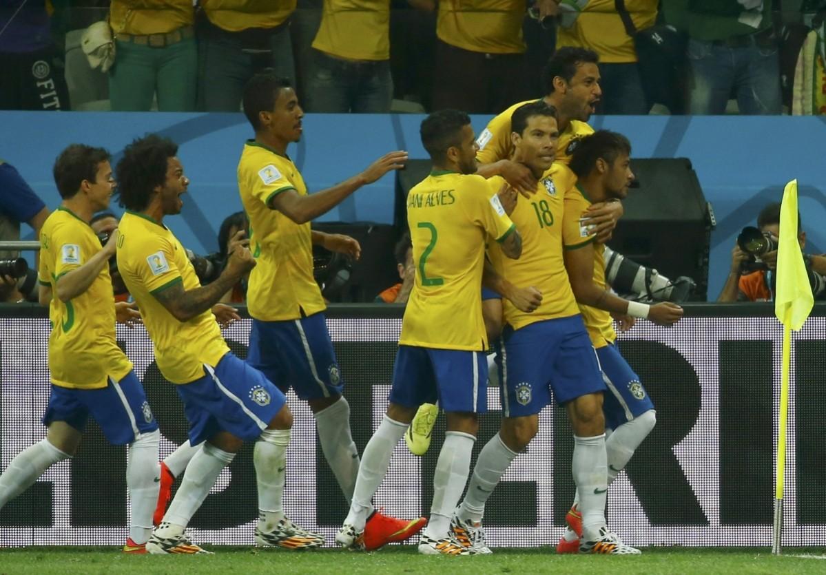 Brazil's players celebrate after Neymar scores their second goal via a penalty against Croatia Brazil v Croatia