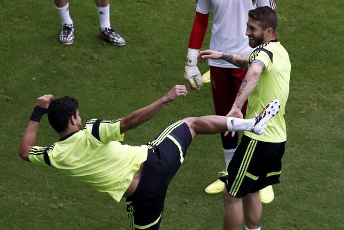 Spain players Diego Costa and Sergio Ramos share a laugh during a training session, 12 June Spain Diego Costa Sergio Ramos
