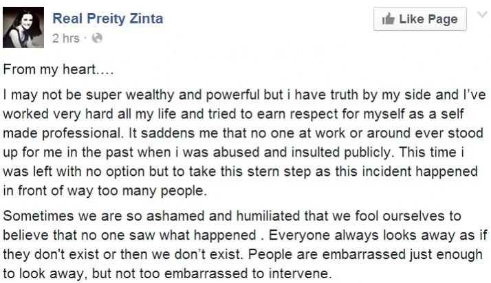 Actor Preity Zinta issued an emotional statement in her Facebook page. Actor Preity Zinta issued an emotional statement in her Facebook page.
