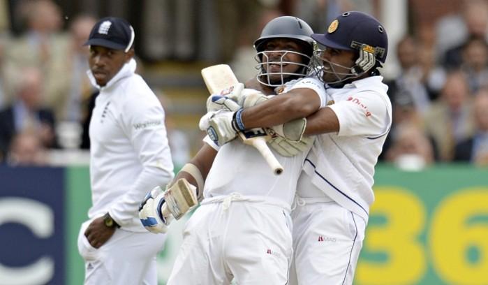 Kumar Sangakkara is embraced by Mahela Jayawardena after he completed his century at Lord's. Kumar Sangakkara