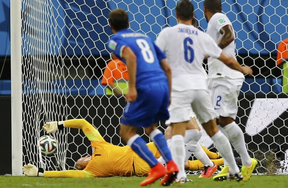 Italy's Claudio Marchisio scores past England's Joe Hart Italy v England