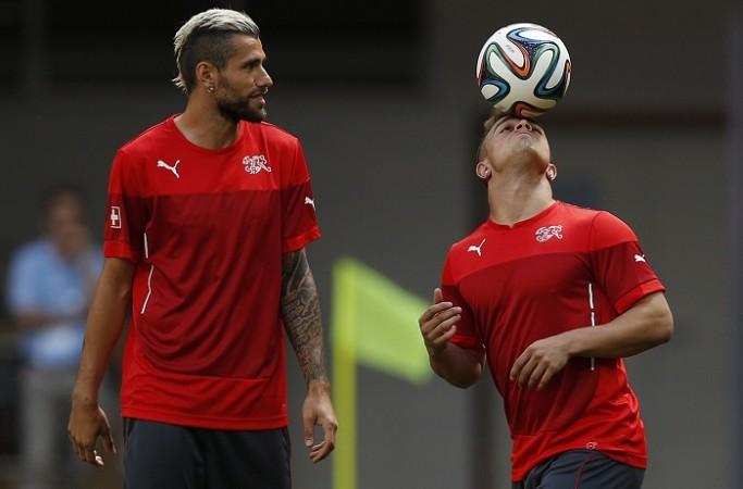 Valon Behrami and Xherdan Shaqiri during a training session for Switzerland Behrami Shaqiri Switzerland