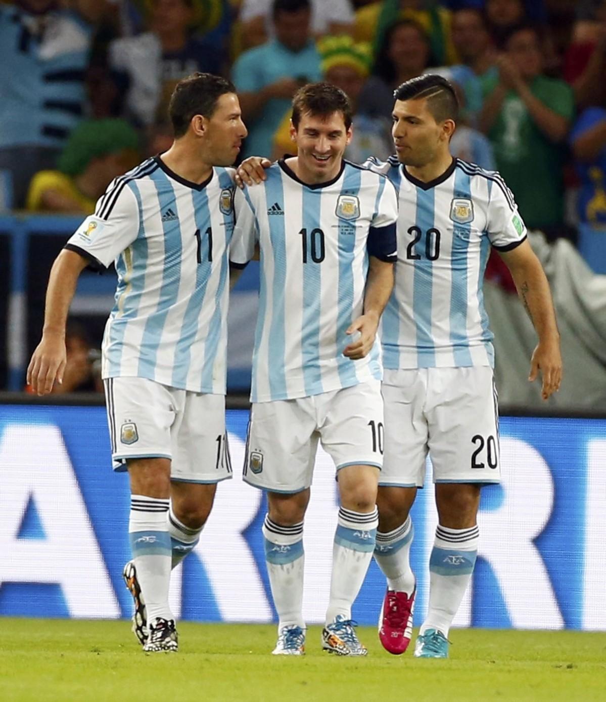 Argentina's Rodriguez, Messi and Aguero celebrate after Bosnia's Kolasinac scores an own goal during their 2014 World Cup Group F soccer match at the Maracana stadium in Rio de Janeiro Argentina vs Bosnia and Herzegovina