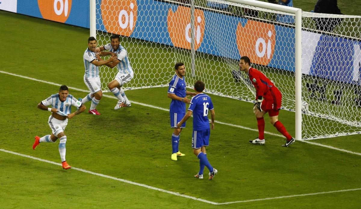 Argentina's players celebrate after Bosnia's Kolasinac scored an own goal during their 2014 World Cup Group F soccer match at the Maracana stadium in Rio de Janeiro Argentina vs Bosnia and Herzegovina