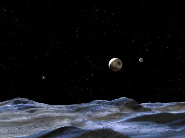 This artist concept shows Pluto and some of its moons, as viewed from the surface of one of the moons. Pluto is the large disk at center. Charon is the smaller disk to the right. (NASA, ESA and G. Bacon (STScI))
