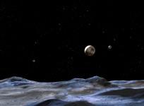 This artist concept shows Pluto and some of its moons, as viewed from the surface of one of the moons. Pluto is the large disk at center. Charon is the smaller disk to the right. (NASA, ESA and G. Bacon (STScI))