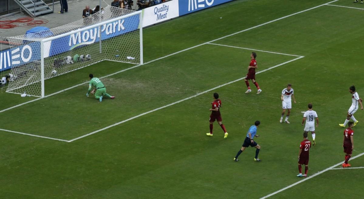Germany's Thomas Mueller celebrates after scoring a penalty against Portugal during their 2014 World Cup Group G soccer match at the Fonte Nova arena in Salvador Germany v Portugal