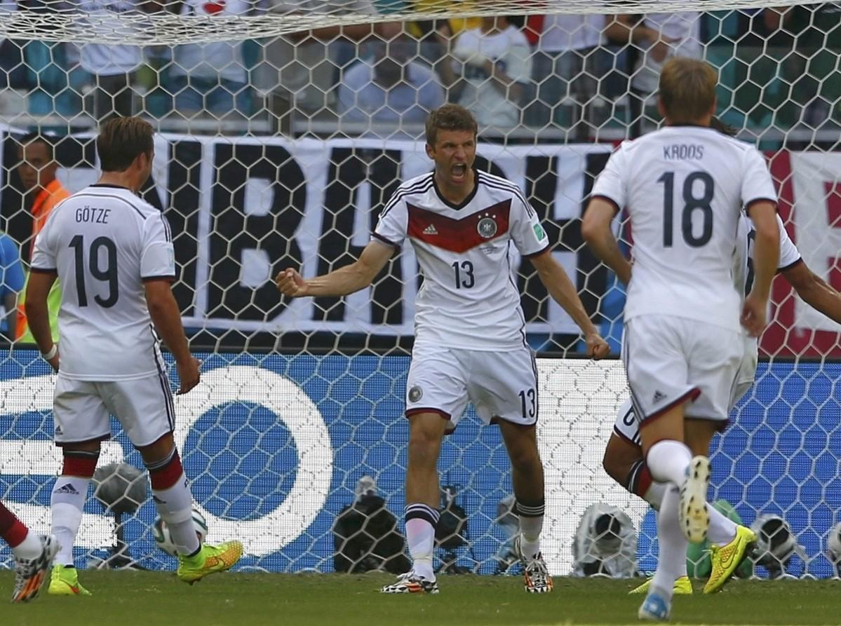 Germany's Mueller celebrates after scoring a penalty against Portugal during their 2014 World Cup Group G soccer match at the Fonte Nova arena in Salvador Germany v Portugal