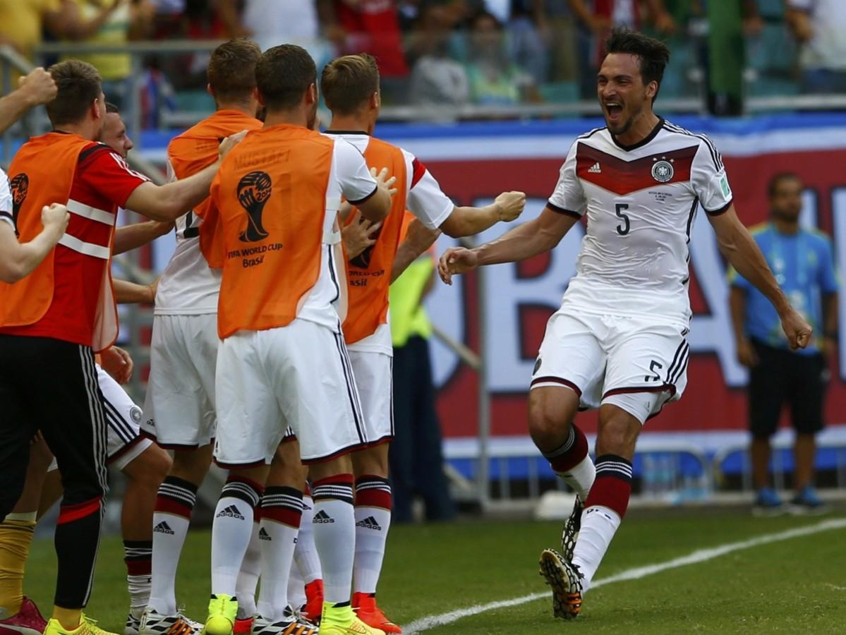 Germany's Mats Hummels celebrates after their second goal during their 2014 World Cup Group G soccer match against Portugal at the Fonte Nova arena in Salvador Germany v Portugal