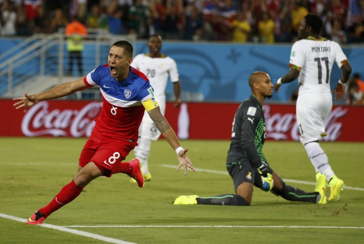 Clint Dempsey of the U.S. celebrates after scoring their first goal during their 2014 World Cup Group G soccer match against Ghana at the Dunas arena in Nata Ghana vs USA