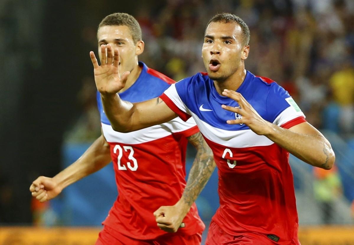 John Brooks of the U.S. celebrates after scoring a goal during World Cup Group G soccer match between Ghana and the U.S. at the Dunas arena Ghana vs USA