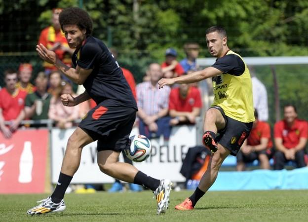 Belgium players Eden Hazard and Axel Witsel during a training session. Eden Hazard and Axel Witsel