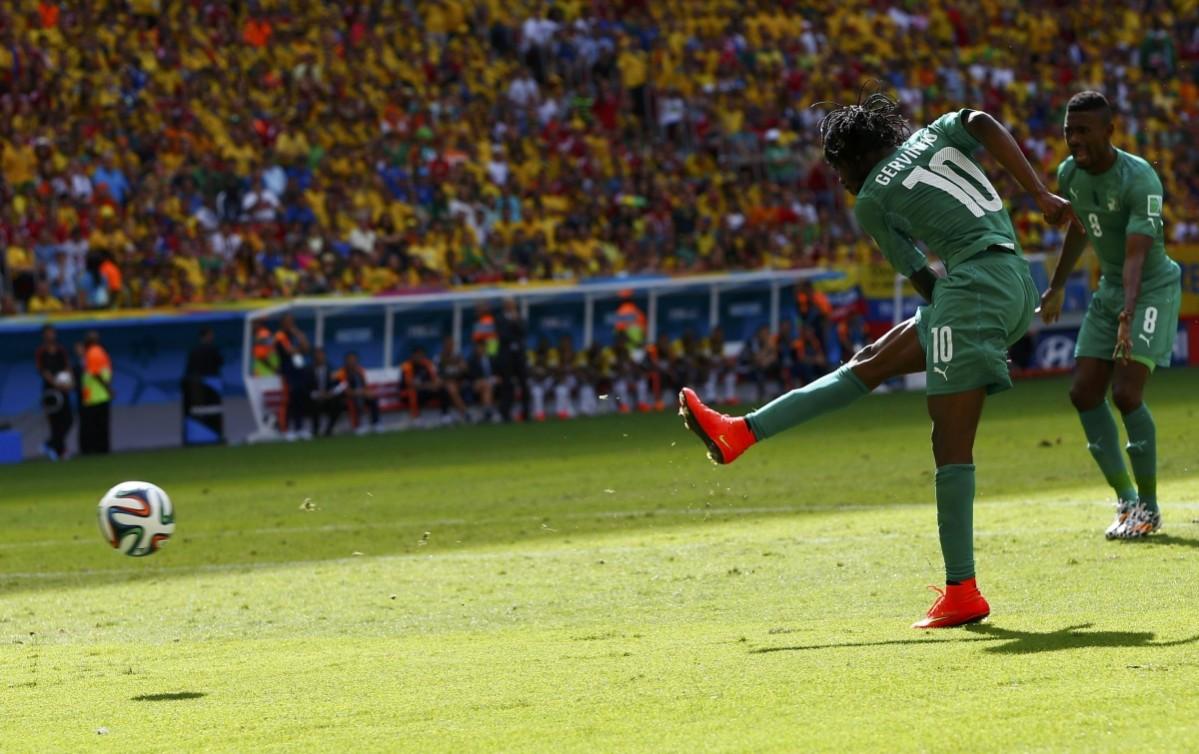 Ivory Coast's Gervinho shoots to score against Colombia during their 2014 World Cup Group C soccer match at the Brasilia national stadium in Brasilia Colombia vs Ivory Coast